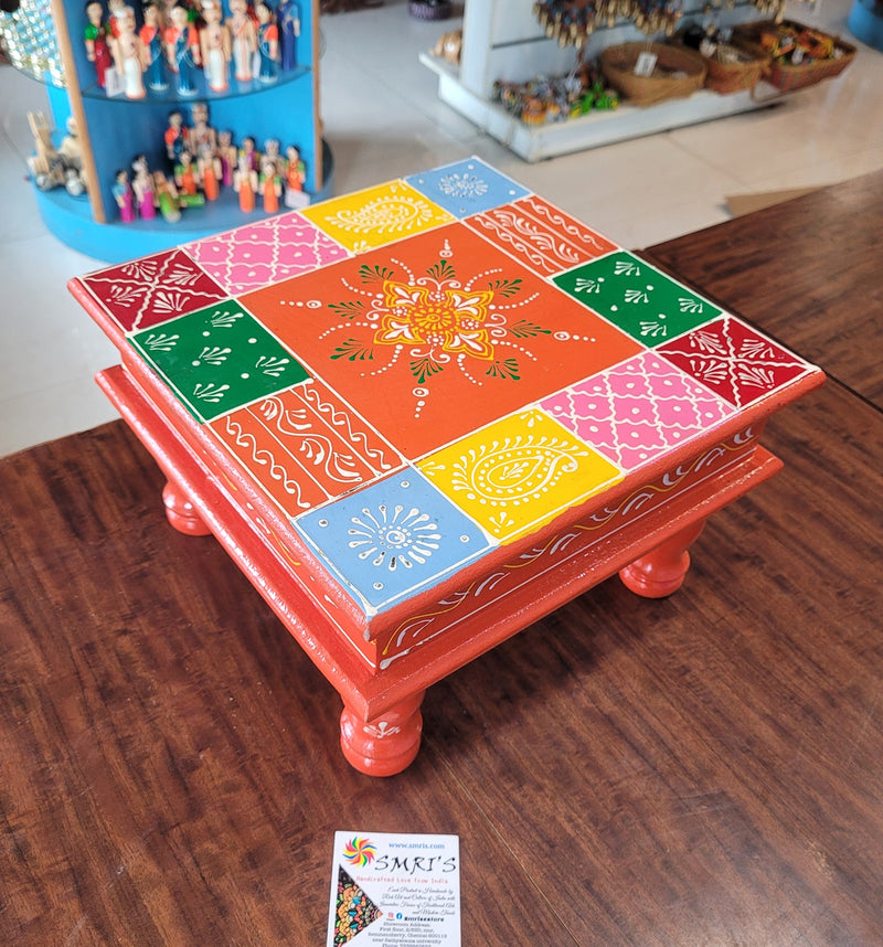Wooden Pooja Manai Chowki Stool Orange with Multicolour Design 4 Indian Handicrafts Home Decor Pooja Decor Foyer Decor (6H x 10L x 10W Inches)