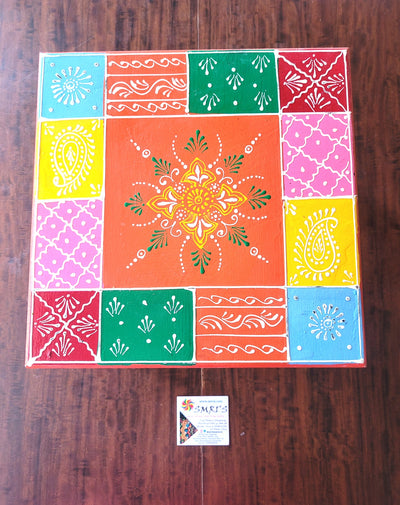 Wooden Pooja Manai Chowki Stool Orange with Multicolour Design 4 Indian Handicrafts Home Decor Pooja Decor Foyer Decor (6H x 10L x 10W Inches)