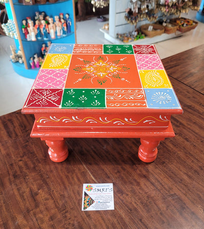 Wooden Pooja Manai Chowki Stool Orange with Multicolour Design 4 Indian Handicrafts Home Decor Pooja Decor Foyer Decor (6H x 10L x 10W Inches)