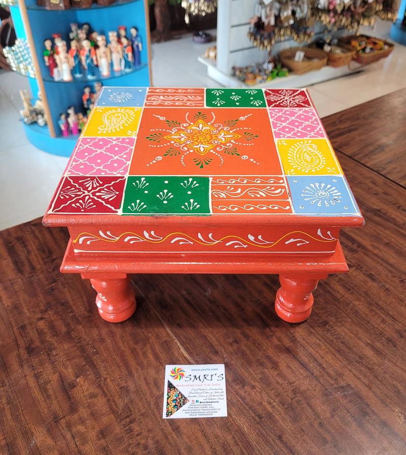Wooden Pooja Manai Chowki Stool Orange with Multicolour Design 4 Indian Handicrafts Home Decor Pooja Decor Foyer Decor (6H x 10L x 10W Inches)