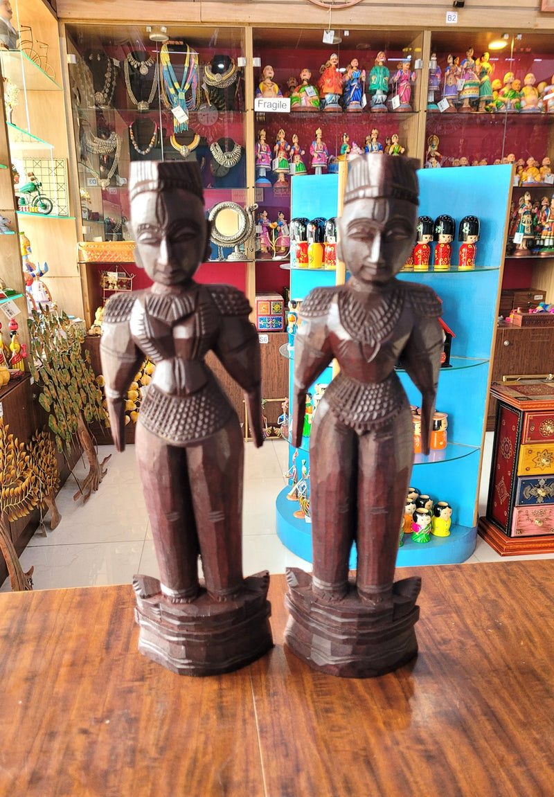 Marapachi Wooden Doll Set 12.5 Inch Rosewood Finsh Table Decor Mahogany Wood Carving Traditional Chettinad Indian Handicrafts (12.5 H x 3.5 L x 1.5 W inches)