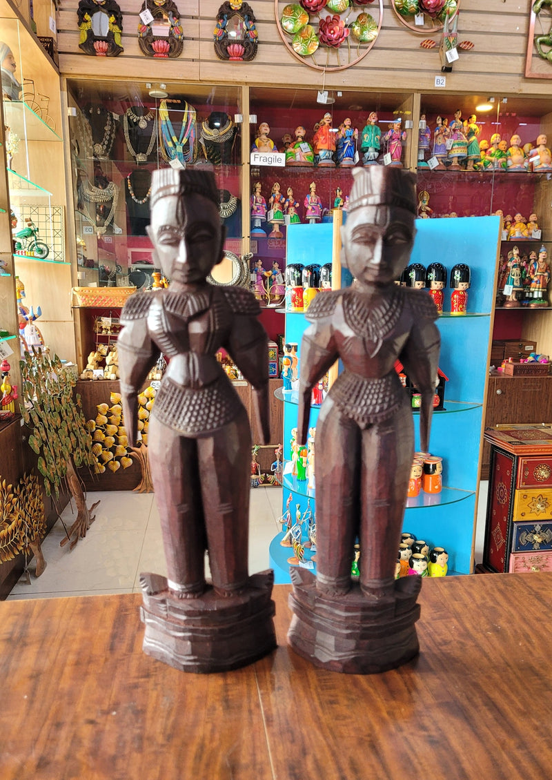 Marapachi Wooden Doll Set 12.5 Inch Rosewood Finsh Table Decor Mahogany Wood Carving Traditional Chettinad Indian Handicrafts (12.5 H x 3.5 L x 1.5 W inches)