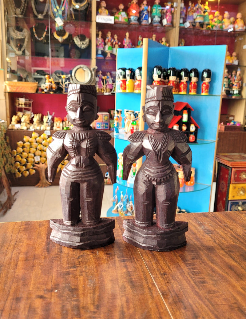 Marapachi Wooden Doll Set 6.5 Inch Rosewood Finsh Table Decor Mahogany Wood Carving Traditional Chettinad Indian Handicrafts (6.5 H x 3 L x 1 W inches)