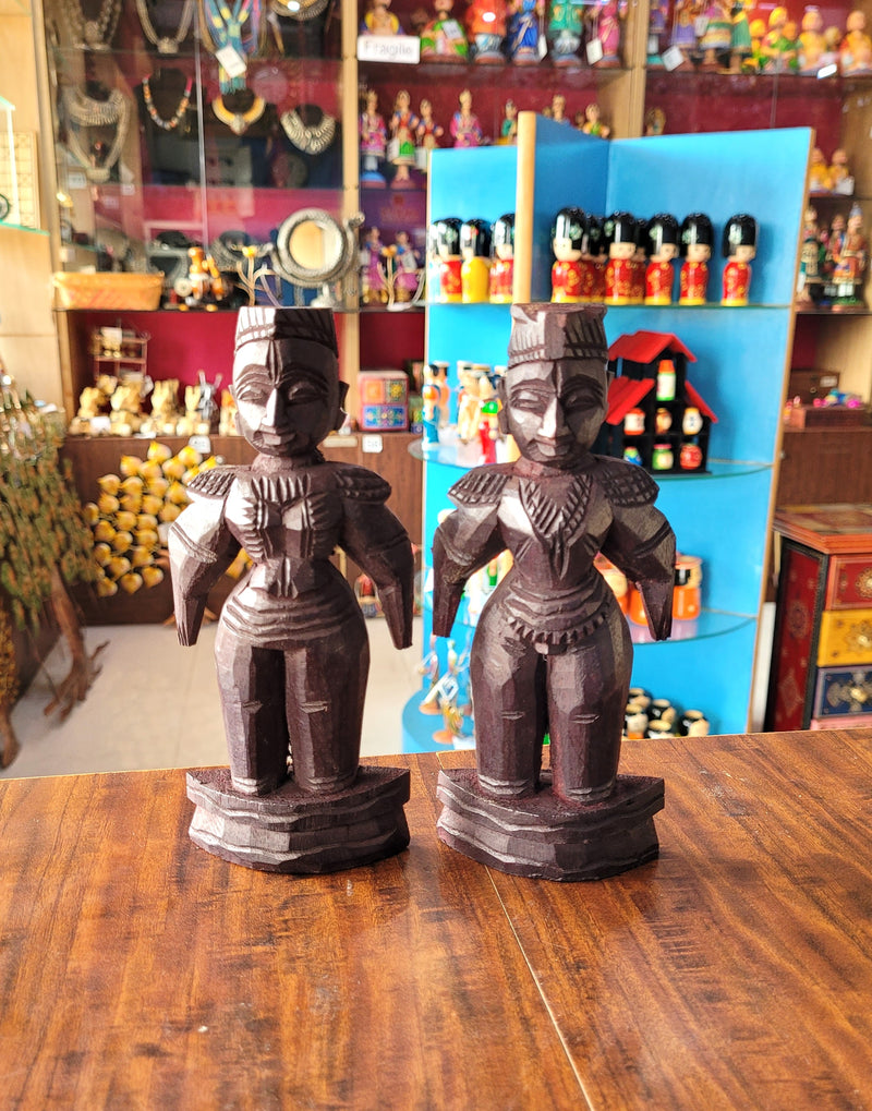 Marapachi Wooden Doll Set 6.5 Inch Rosewood Finsh Table Decor Mahogany Wood Carving Traditional Chettinad Indian Handicrafts (6.5 H x 3 L x 1 W inches)