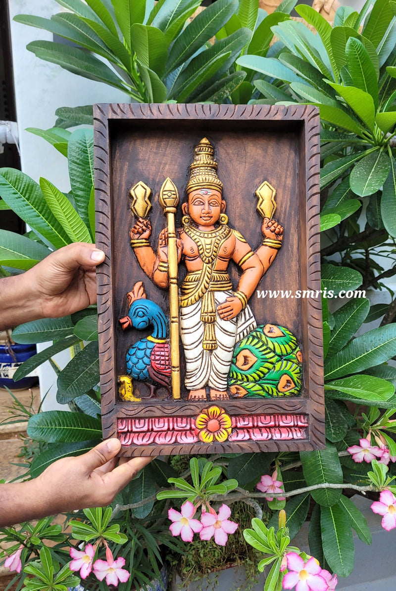Murugar wall Panel Frame wood carving pooja room Decor Entrance Door decor indian traditional handicrafts Tamil God Vel murugan ( 18 H * 12 L * 2.5 W ) Inches