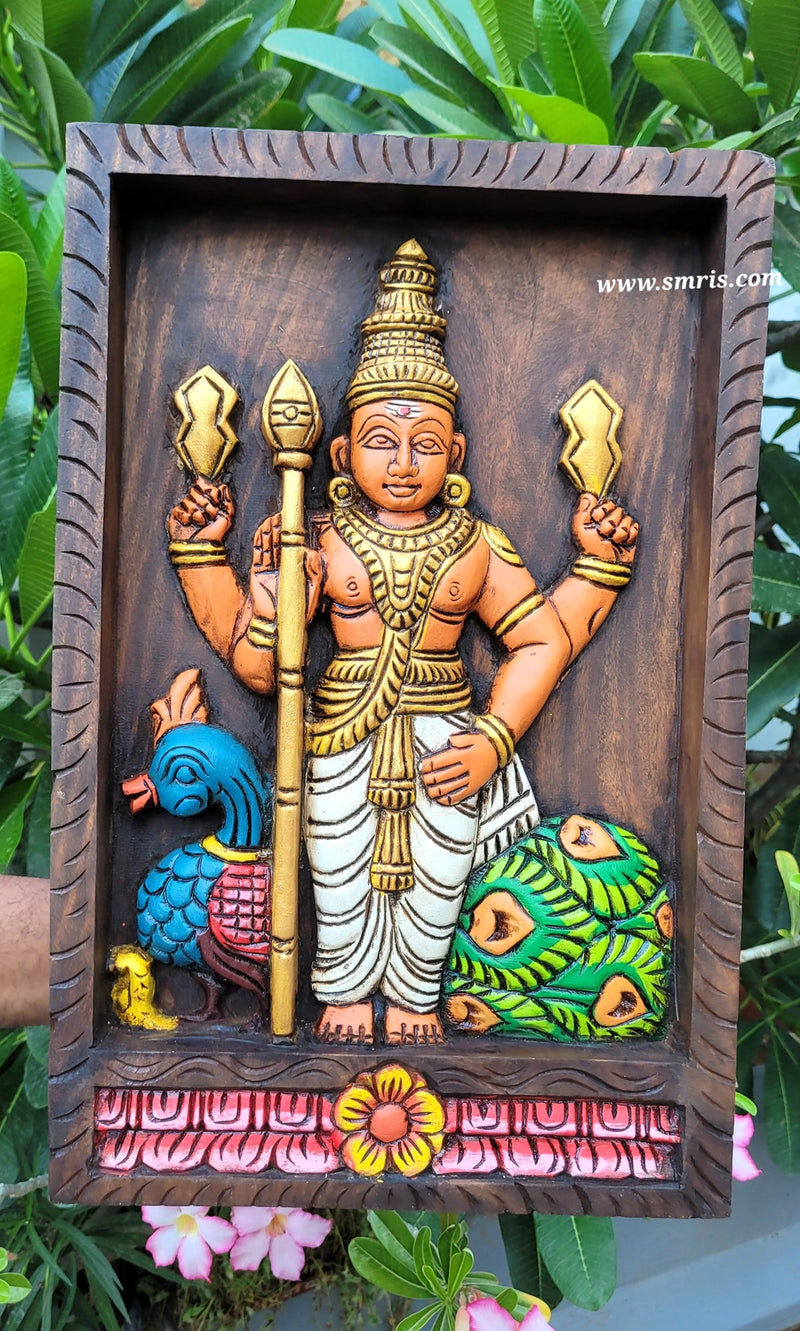 Murugar wall Panel Frame wood carving pooja room Decor Entrance Door decor indian traditional handicrafts Tamil God Vel murugan ( 18 H * 12 L * 2.5 W ) Inches
