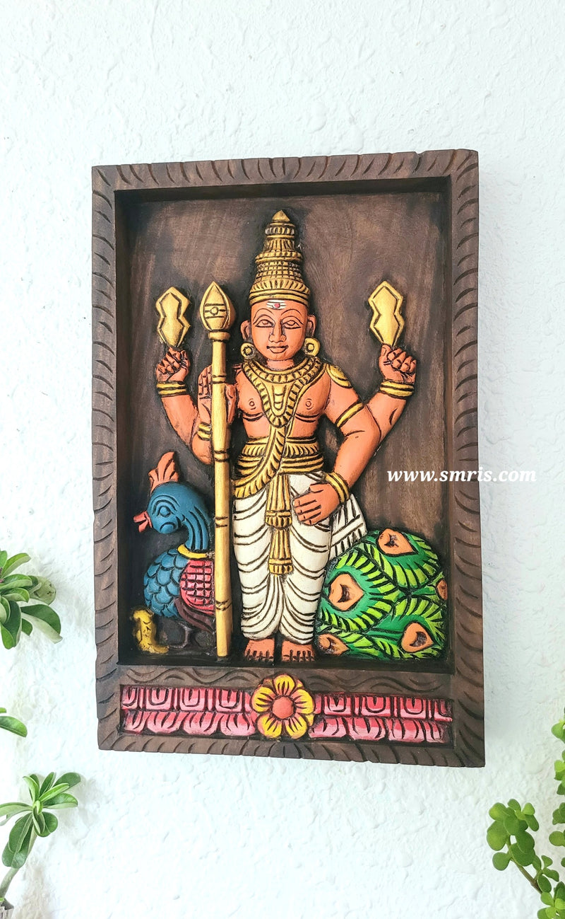 Murugar wall Panel Frame wood carving pooja room Decor Entrance Door decor indian traditional handicrafts Tamil God Vel murugan ( 18 H * 12 L * 2.5 W ) Inches