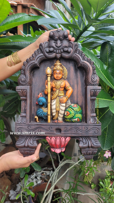 Lord Murugar Wooden Kavadi Wall Panel Mahogany Wooden Carving Pooja Room Decor Entrance Door Decor Indian Traditional Handicrafts Tamil God Vel Murugan (18H x 11.5L x 2W Inches)