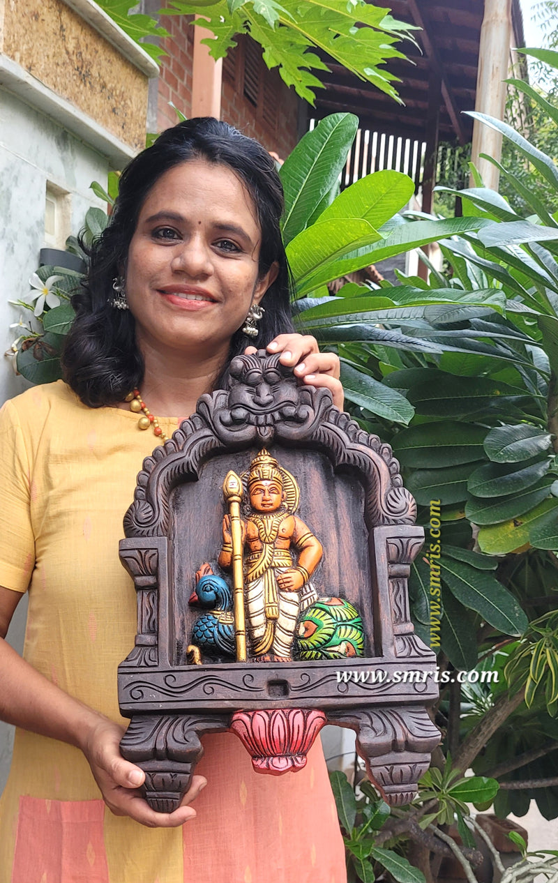 Lord Murugar Wooden Kavadi Wall Panel Mahogany Wooden Carving Pooja Room Decor Entrance Door Decor Indian Traditional Handicrafts Tamil God Vel Murugan (18H x 11.5L x 2W Inches)