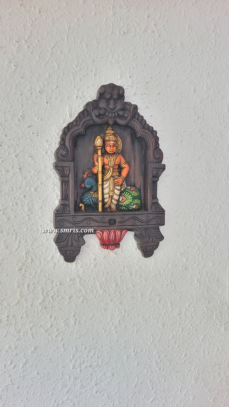 Lord Murugar Wooden Kavadi Wall Panel Mahogany Wooden Carving Pooja Room Decor Entrance Door Decor Indian Traditional Handicrafts Tamil God Vel Murugan (18H x 11.5L x 2W Inches)