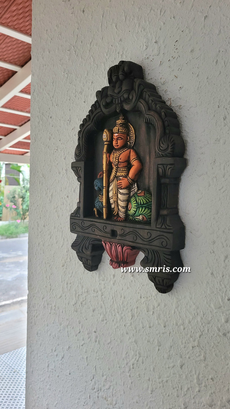 Lord Murugar Wooden Kavadi Wall Panel Mahogany Wooden Carving Pooja Room Decor Entrance Door Decor Indian Traditional Handicrafts Tamil God Vel Murugan (18H x 11.5L x 2W Inches)