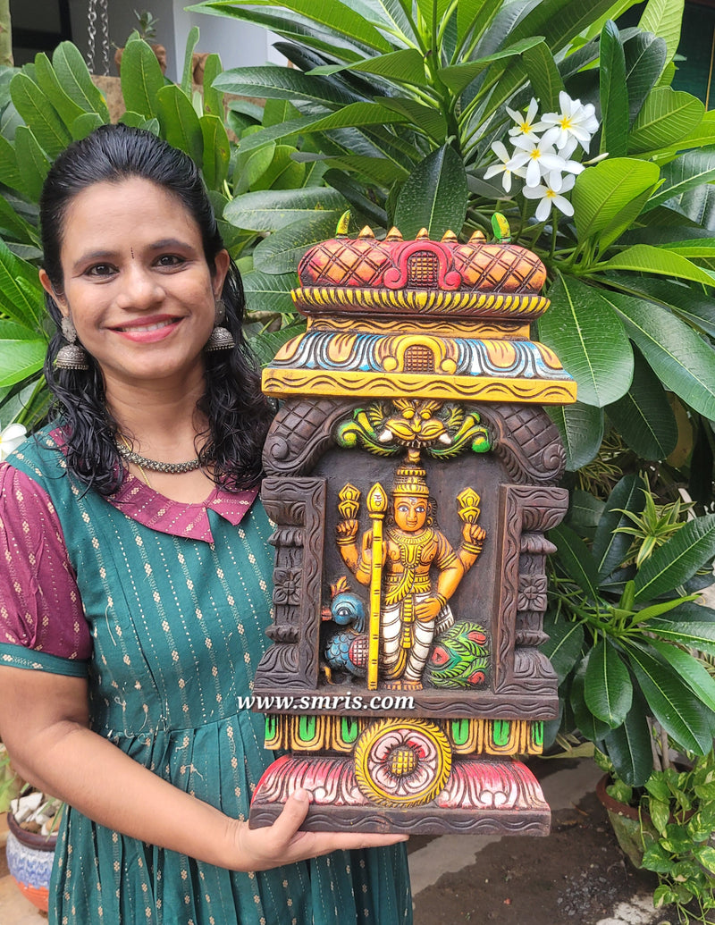 Vetrivel Murugar Kavadi With Gopuram Wood Carving Wall Panel With Peacock Yali Mahogany Wood Wall Hanging Traditional Chettinad Indian Handicrafts (24H x 12L x 2W Inches) Pooja Decor