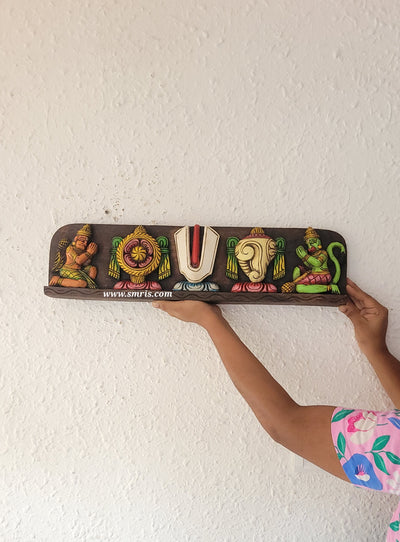 Wooden Namam Sangu Chakram With Garudan & Hanuman Wooden Wall Panel Frame Wall Hanging Design 3 ( 6H* 23L* 2W Inches )