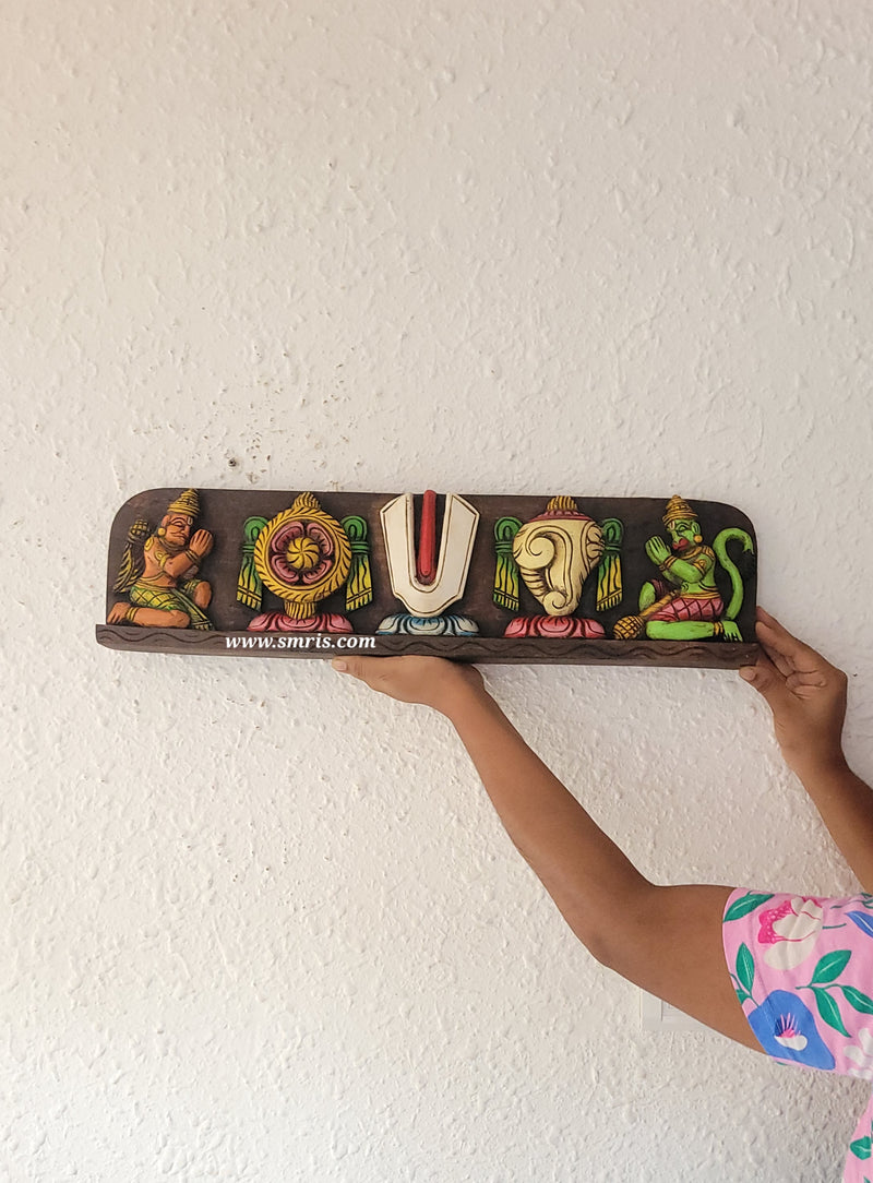 Wooden Namam Sangu Chakram With Garudan & Hanuman Wooden Wall Panel Frame Wall Hanging Design 3 ( 6H* 23L* 2W Inches )