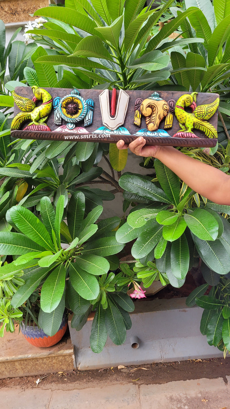 Wooden Namam Sangu Chakram With Parrot Wooden Wall Panel Frame Wall Hanging Design 4 (6H* 24H* 2W Inches )