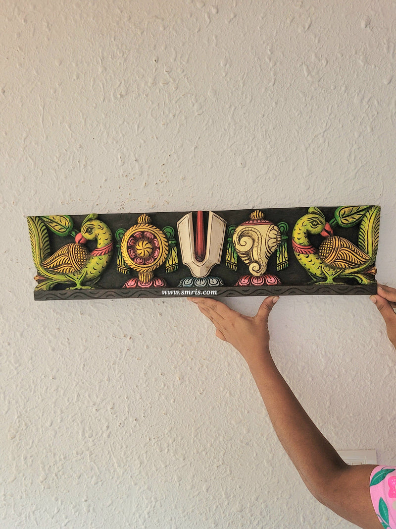 Wooden Namam Sangu Chakram With Parrot Wooden Wall Panel Frame Wall Hanging Design 5 (6H* 24L* 2W Inches )