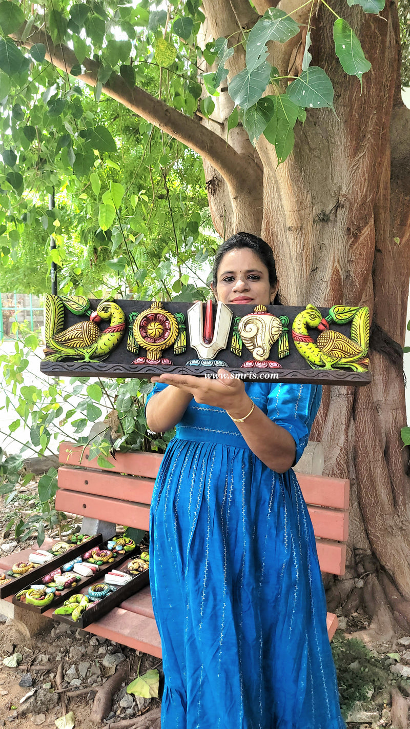 Wooden Namam Sangu Chakram With Parrot Wooden Wall Panel Frame Wall Hanging Design 5 (6H* 24L* 2W Inches )