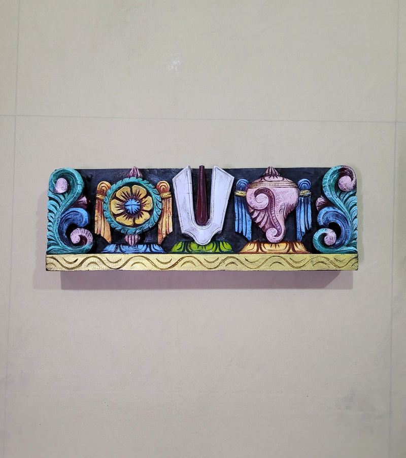 Wooden Namam Sangu Chakram Wooden Wall Panel Frame 18 Inch Wall Hanging Design 2 with Parrots Mahogany Wood Carving Traditional Chettinad Indian Handicrafts (6 H x 18 L x 2 W inches)