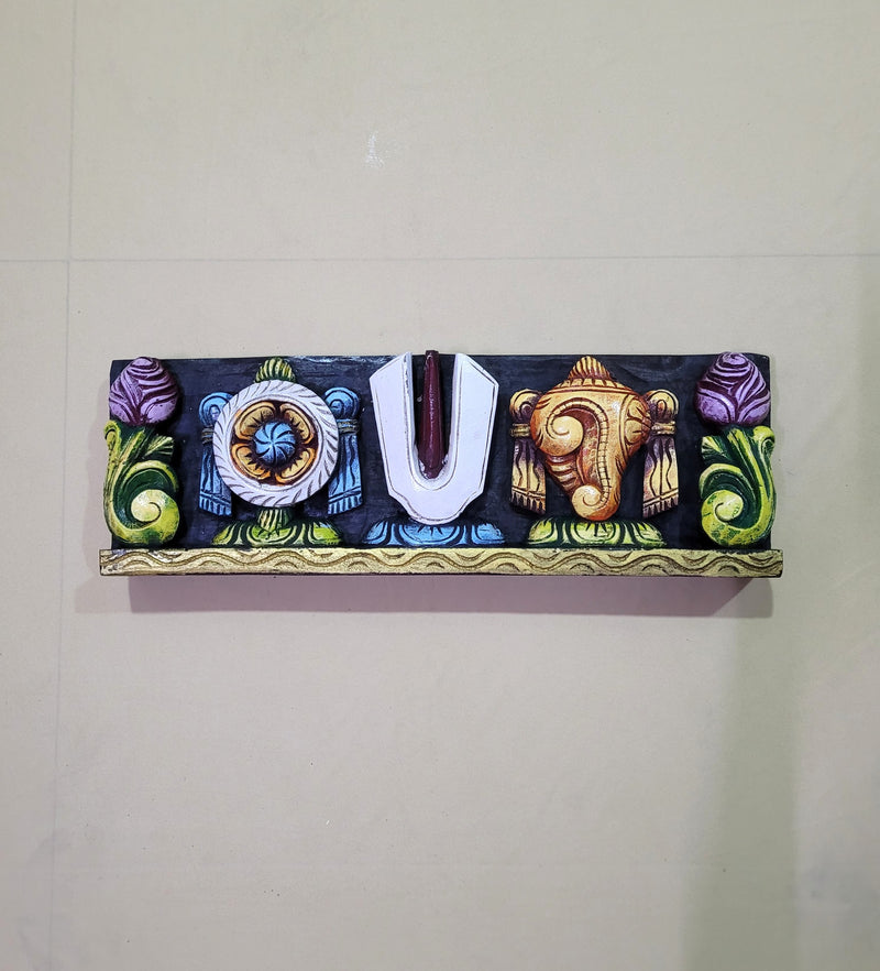 Wooden Namam Sangu Chakram Wooden Wall Panel Frame 18 Inch Wall Hanging Design 3 Mahogany Wood Carving Traditional Chettinad Indian Handicrafts (6 H x 18 L x 2 W inches)