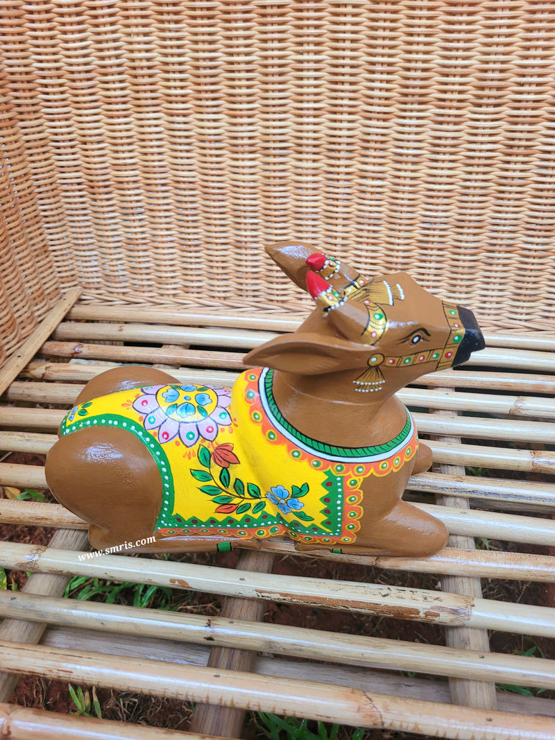 Nandi / Cow Wood Carving Statue Yellow Floral Painting Vastu Decor Pooja Room Decor Indian Handicrafts (7H * 9L * 3.5W Inches) (Copy)