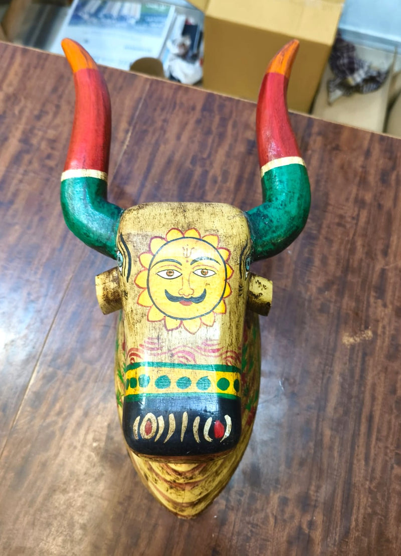 Nandhi Head Wall Decor Sandal Mango Wooden Carving Traditional Indian Handicrafts (13H x 7L x 5W Inches) Living and Pooja Room Decor Housewarming Gift