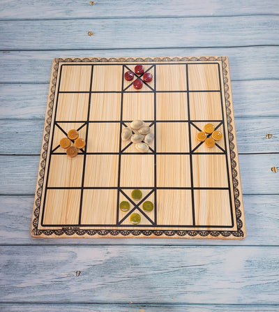 Wooden Native Chowka bara thayam native ludo double side (11.5 H x 11.5 L x 0.5 W) inches