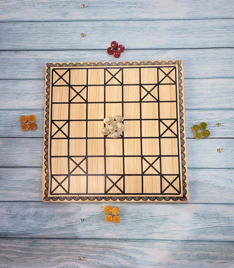 Wooden Native Chowka bara thayam native ludo double side (11.5 H x 11.5 L x 0.5 W) inches