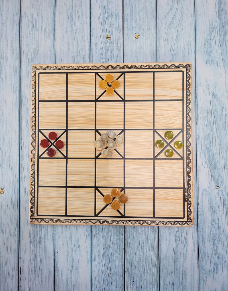 Wooden Native Chowka bara thayam native ludo double side (11.5 H x 11.5 L x 0.5 W) inches