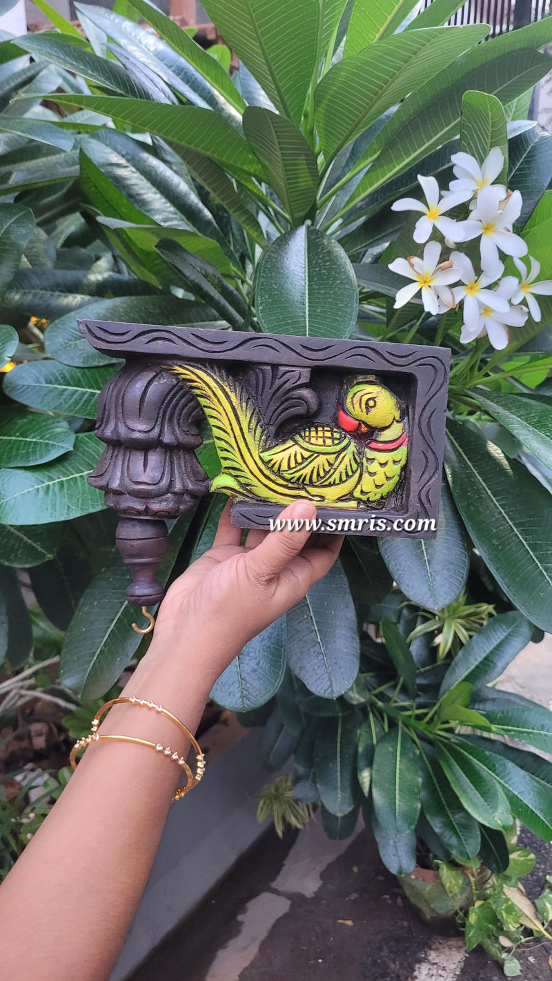 Parrot Bodhil Wood Carving Wall Bracket / Corbel Maghony Wood Traditional Chettinad Handicrafts Green (9 H x 9 L x 3 W inches)