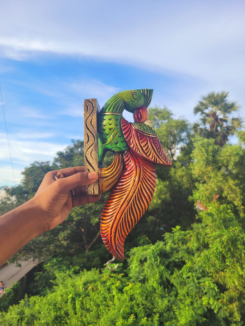 Traditional Handcarved Wooden Parrot Half green with half orange Wall Bracket / CORBEL  Wall Hanging Decor  ( 13 H * 6 L * 2 W )  inches