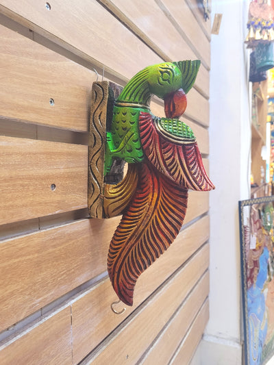 Traditional Handcarved Wooden Parrot Half green with half orange Wall Bracket / CORBEL  Wall Hanging Decor  ( 13 H * 6 L * 2 W )  inches