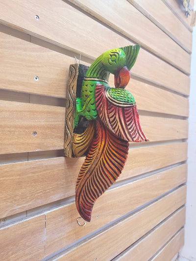 Traditional Handcarved Wooden Parrot Half green with half orange Wall Bracket / CORBEL  Wall Hanging Decor  ( 13 H * 6 L * 2 W )  inches