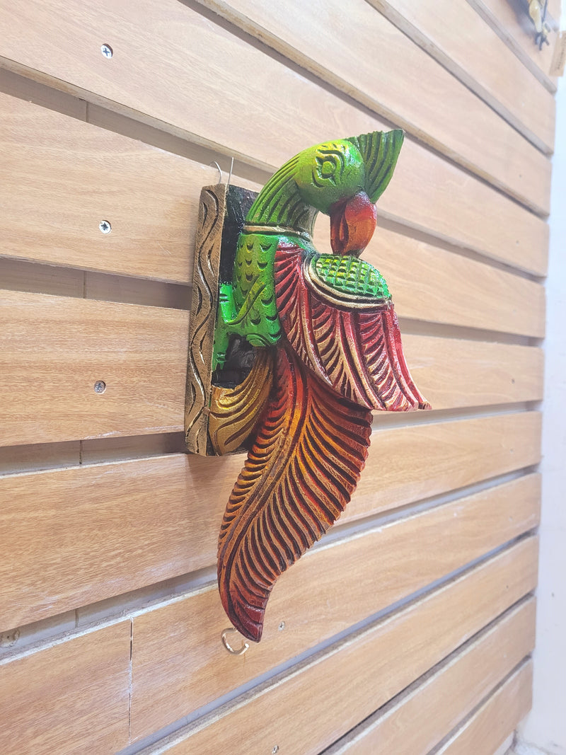 Traditional Handcarved Wooden Parrot Half green with half orange Wall Bracket / CORBEL  Wall Hanging Decor  ( 13 H * 6 L * 2 W )  inches