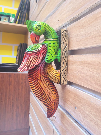 Traditional Handcarved Wooden Parrot Half green with half orange Wall Bracket / CORBEL  Wall Hanging Decor  ( 13 H * 6 L * 2 W )  inches