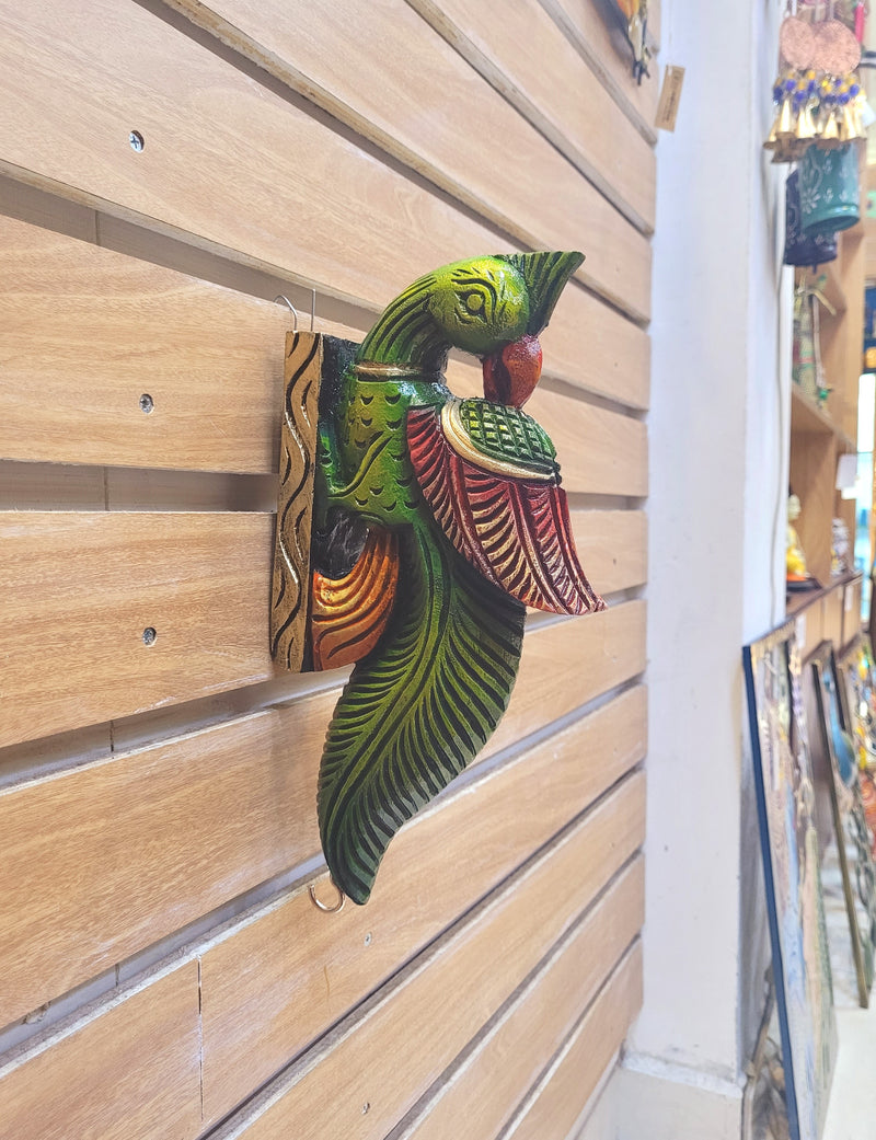 Traditional Handcarved Wooden Parrot Full green Wall Bracket / CORBEL  Wall Hanging Decor ( 13 H * 6 L * 2 W )  inches