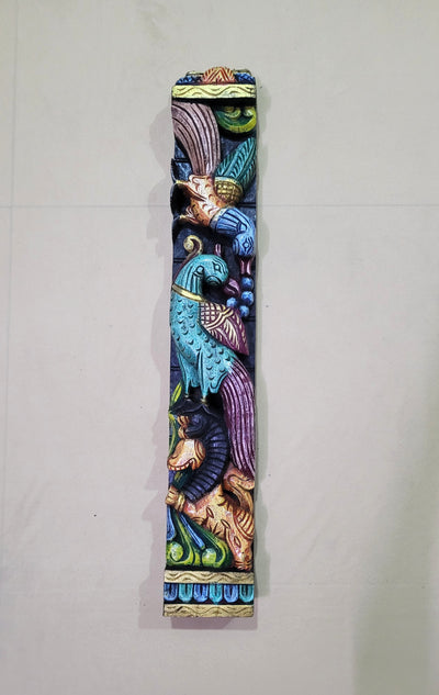 Parrot Peacock Yali Wooden Wall Panel Frame 24 Inch Wall Handing Right Side Mahogany Wood Carving Traditional Chettinad Indian Handicrafts (24 H x 4 L x 2 W inches)