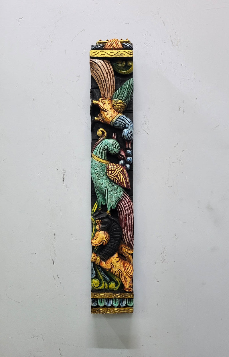 Parrot Peacock Yali Wooden Wall Panel Frame 24 Inch Wall Handing Right Side Mahogany Wood Carving Traditional Chettinad Indian Handicrafts (24 H x 4 L x 2 W inches)