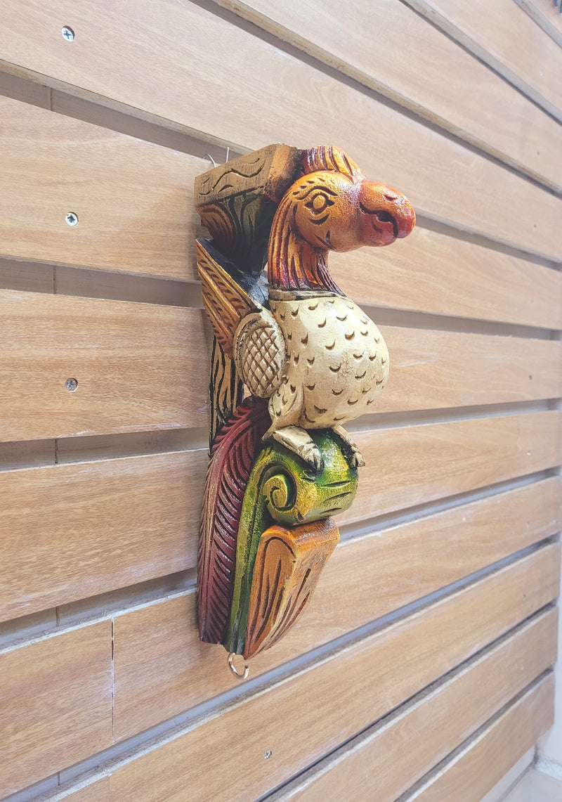 Traditional Handcarved Wooden Parrot Sandal/orange/Green Wall Bracket / CORBEL  Wall Hanging Decor  ( 13 H * 6 L * 2 W )  inches