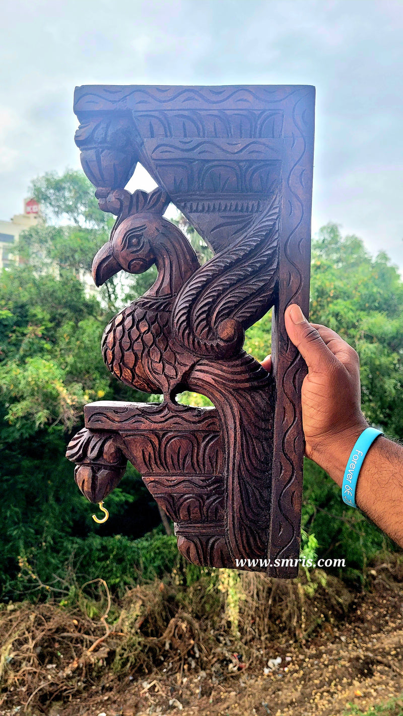 Parrot Bodhil Rosewood Colour Wall Bracket / Corbel Design 2 Mahogany Wood Carving Traditional Chettinad Indian Handicrafts (18H x 9L x 2.5W Inches)