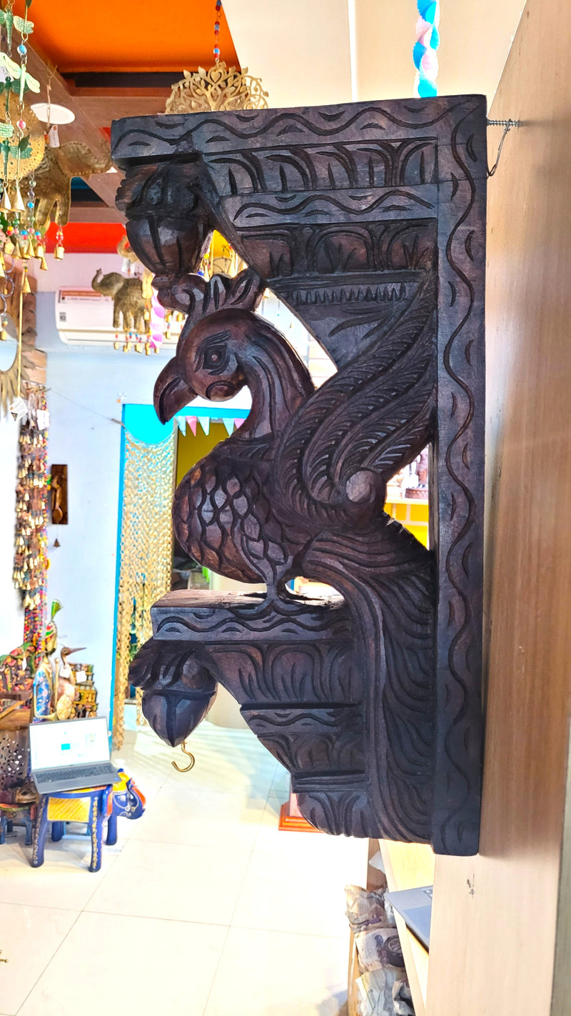 Parrot Bodhil Rosewood Colour Wall Bracket / Corbel Design 2 Mahogany Wood Carving Traditional Chettinad Indian Handicrafts (18H x 9L x 2.5W Inches)