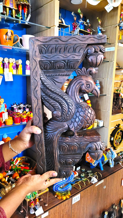 Parrot Bodhil Rosewood Colour Wall Bracket / Corbel Design 2 Mahogany Wood Carving Traditional Chettinad Indian Handicrafts (18H x 9L x 2.5W Inches)
