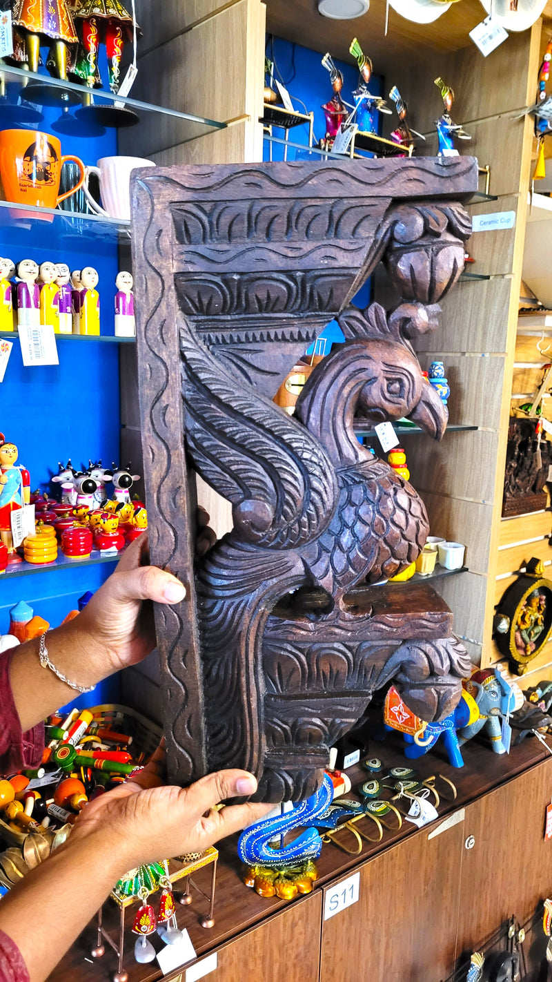 Parrot Bodhil Rosewood Colour Wall Bracket / Corbel Design 2 Mahogany Wood Carving Traditional Chettinad Indian Handicrafts (18H x 9L x 2.5W Inches)