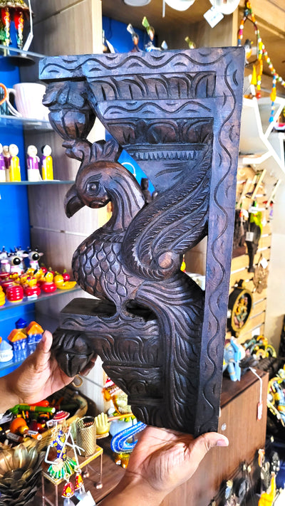 Parrot Bodhil Rosewood Colour Wall Bracket / Corbel Design 2 Mahogany Wood Carving Traditional Chettinad Indian Handicrafts (18H x 9L x 2.5W Inches)