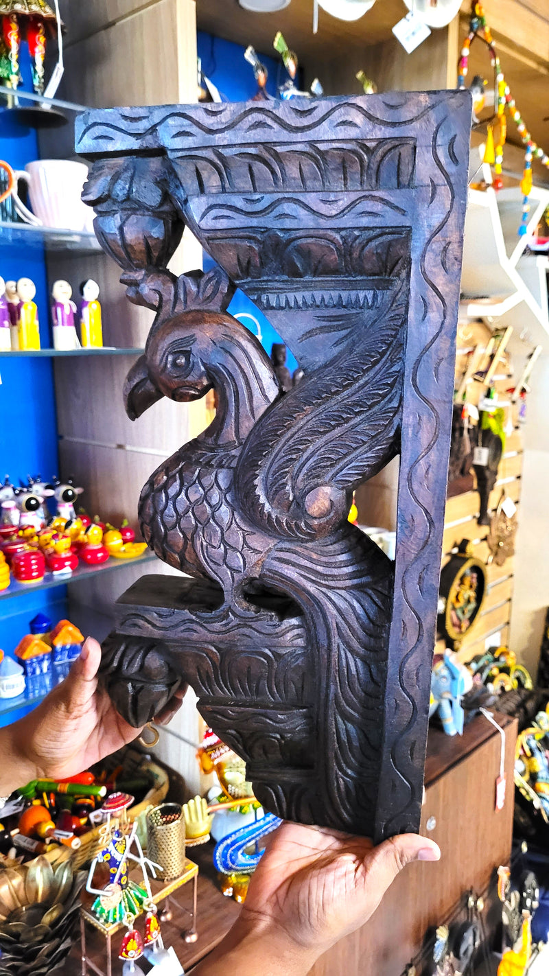 Parrot Bodhil Rosewood Colour Wall Bracket / Corbel Design 2 Mahogany Wood Carving Traditional Chettinad Indian Handicrafts (18H x 9L x 2.5W Inches)