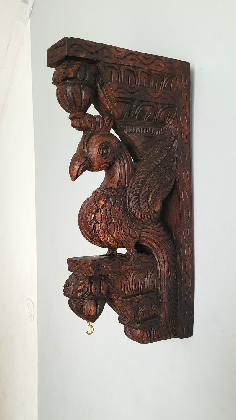 Parrot Bodhil Rosewood Colour Wall Bracket / Corbel Design 2 Mahogany Wood Carving Traditional Chettinad Indian Handicrafts (18H x 9L x 2.5W Inches)