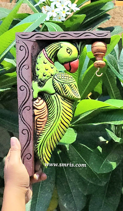 Parrot Wood Carving Wall Bracket / Corbel Maghony Wood Traditional Chettinad Handicrafts green (12 H x 8 L x 2 W inches)
