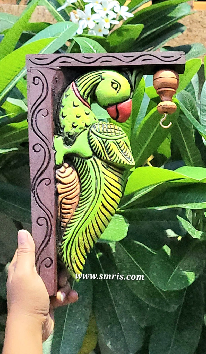 Parrot Wood Carving Wall Bracket / Corbel Maghony Wood Traditional Chettinad Handicrafts green (12 H x 8 L x 2 W inches)