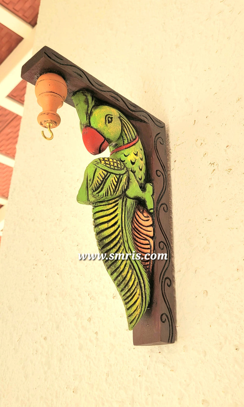 Parrot Wood Carving Wall Bracket / Corbel Maghony Wood Traditional Chettinad Handicrafts green (12 H x 8 L x 2 W inches)