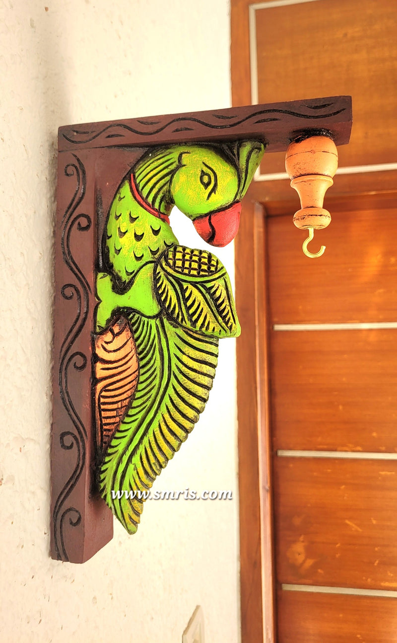 Parrot Wood Carving Wall Bracket / Corbel Maghony Wood Traditional Chettinad Handicrafts green (12 H x 8 L x 2 W inches)