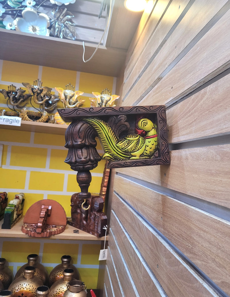 Parrot Bodhil Wood Carving Wall Bracket / Corbel Maghony Wood Traditional Chettinad Handicrafts Green (9 H x 9 L x 3 W inches)